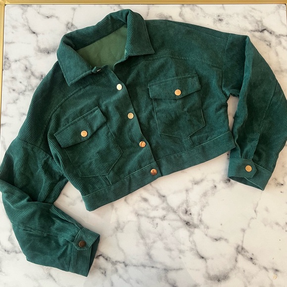 SHEIN EZwear Drop Shoulder Flap Pocket Corduroy Green Jacket Size Medium New - Picture 4 of 15